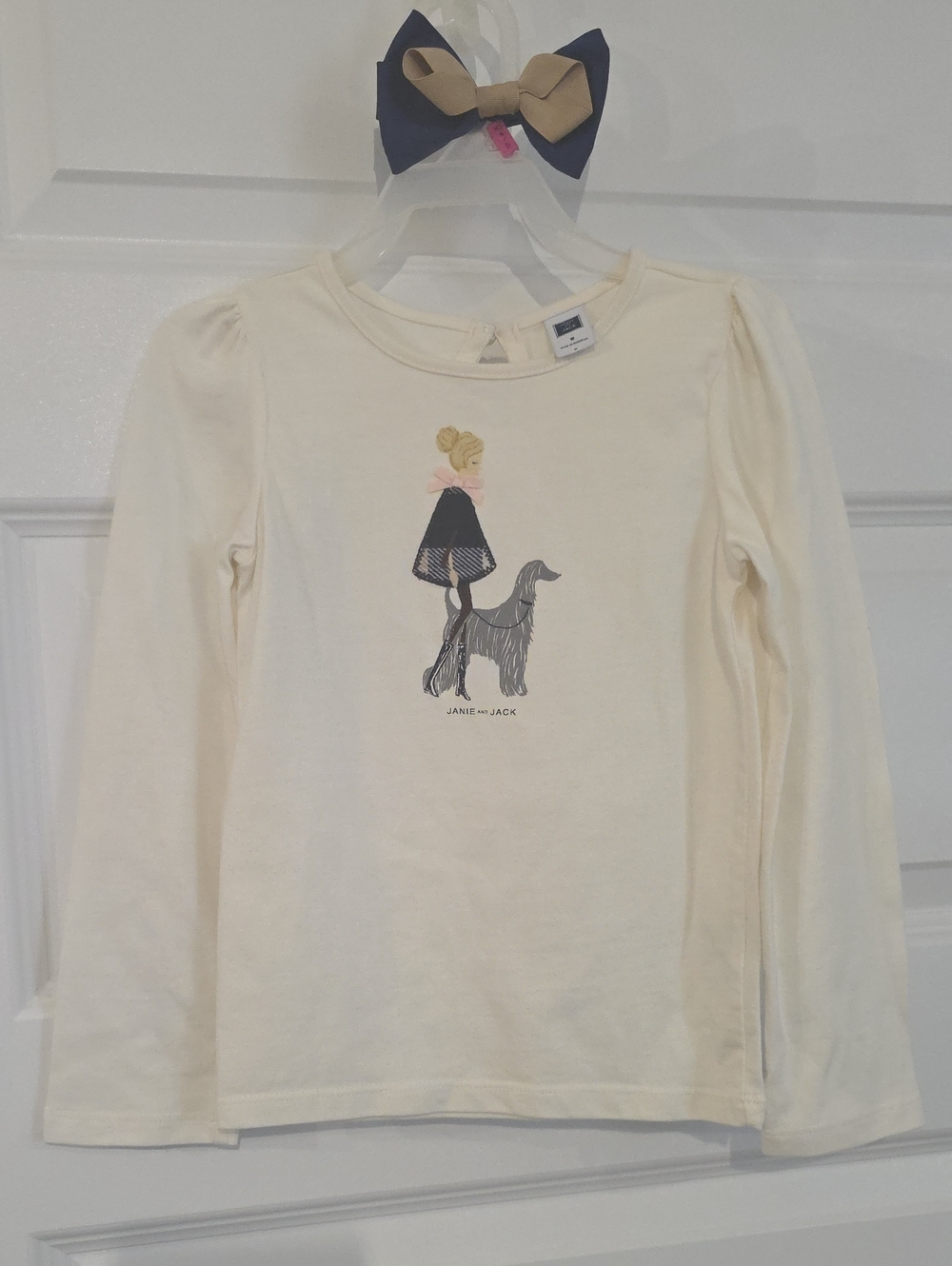 Janie and Jack Cream Long Sleeve w/ Navy + Navy & Tan Bow